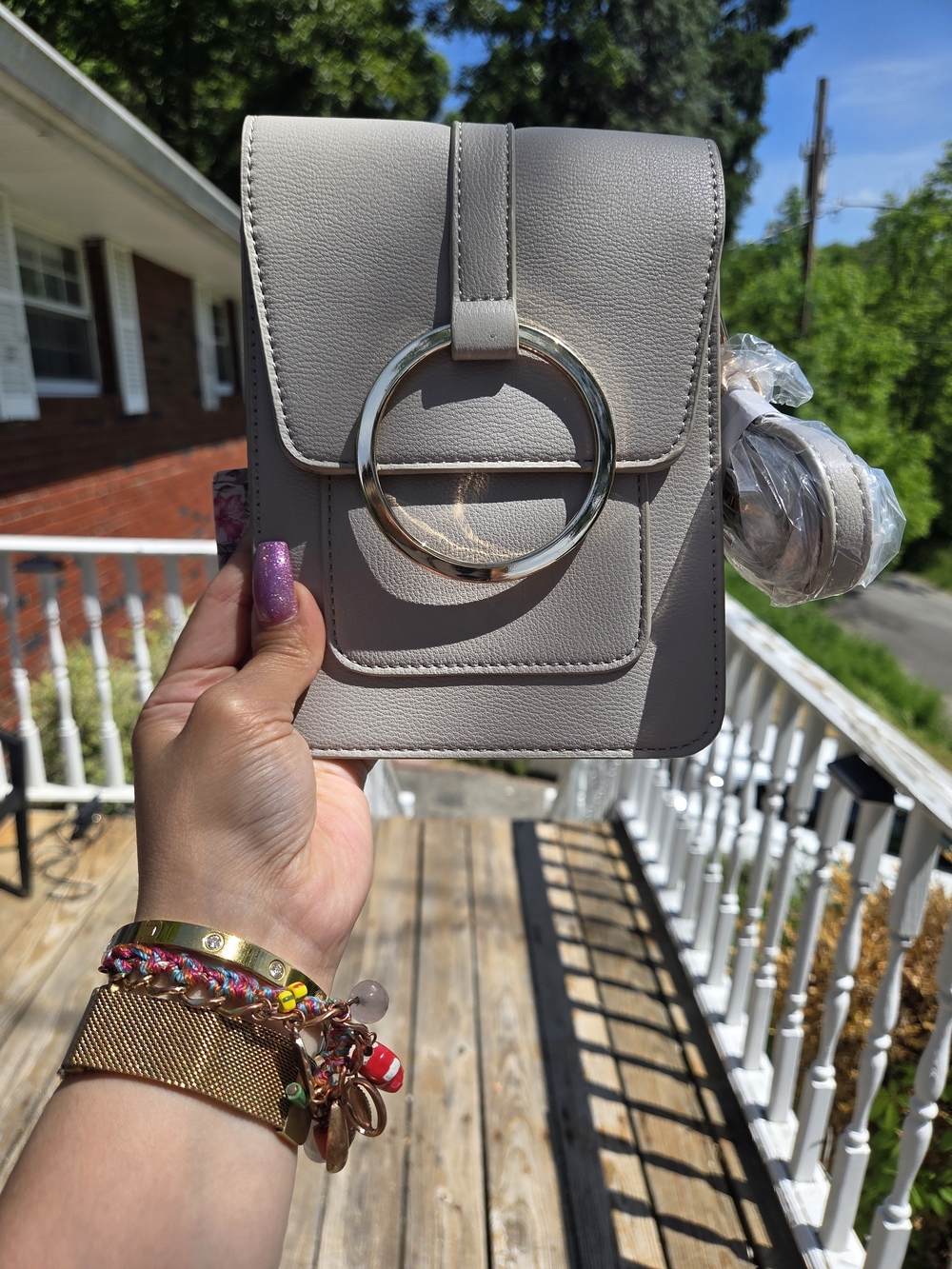 Grey Crossbody Bag with Ring Accent
